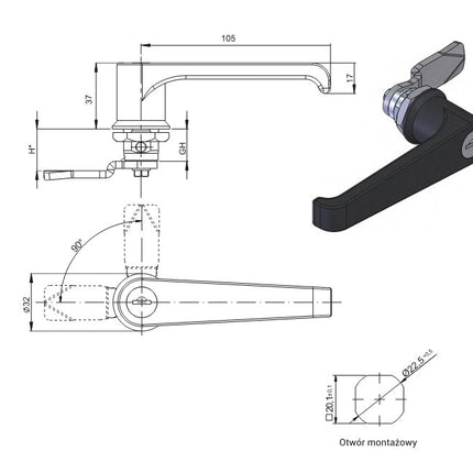 Zamek krzywkowy z uchwytem typu L 1ZP-0333